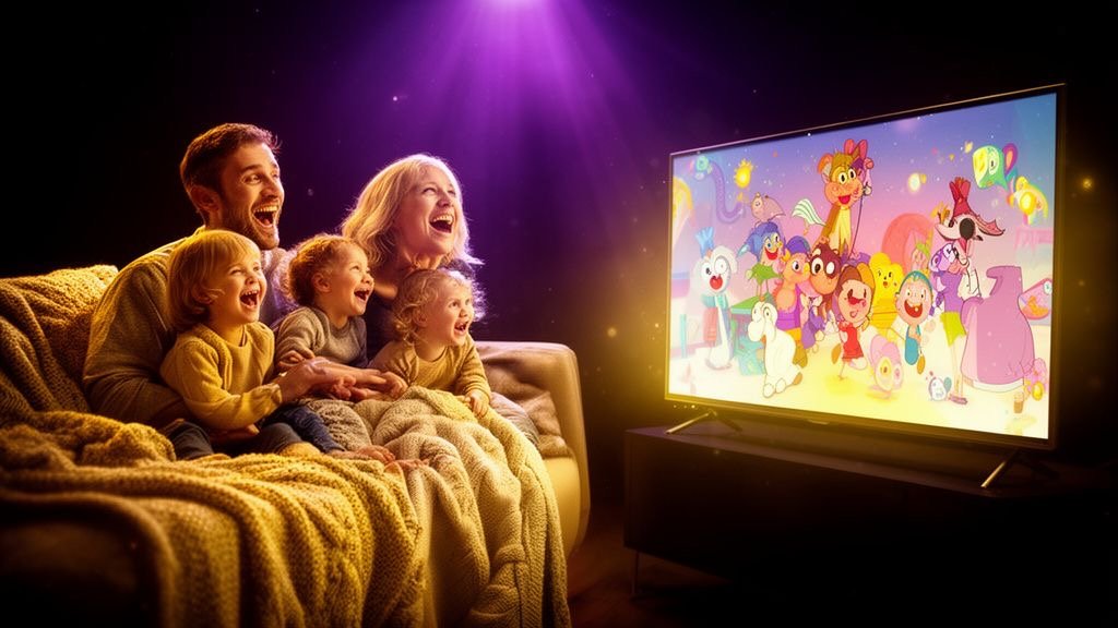 Gezin met kinderen kijkt samen een tekenfilm via Pandora IPTV