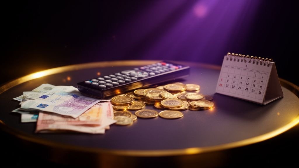 Euromunten naast een tv-afstandsbediening en kalender voor Pandora IPTV prijzen