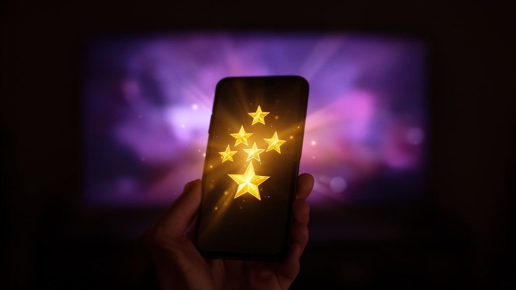 Hand met smartphone die een vijfsterrenbeoordeling toont voor Pandora IPTV