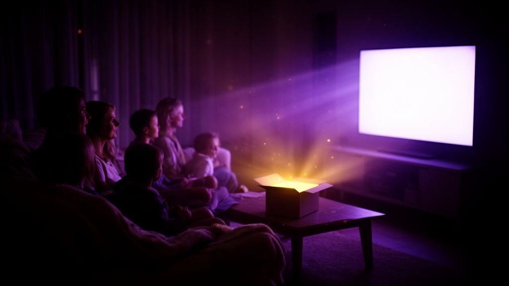 Gezin kijkt Pandora IPTV op een grote tv in een gezellige woonkamer