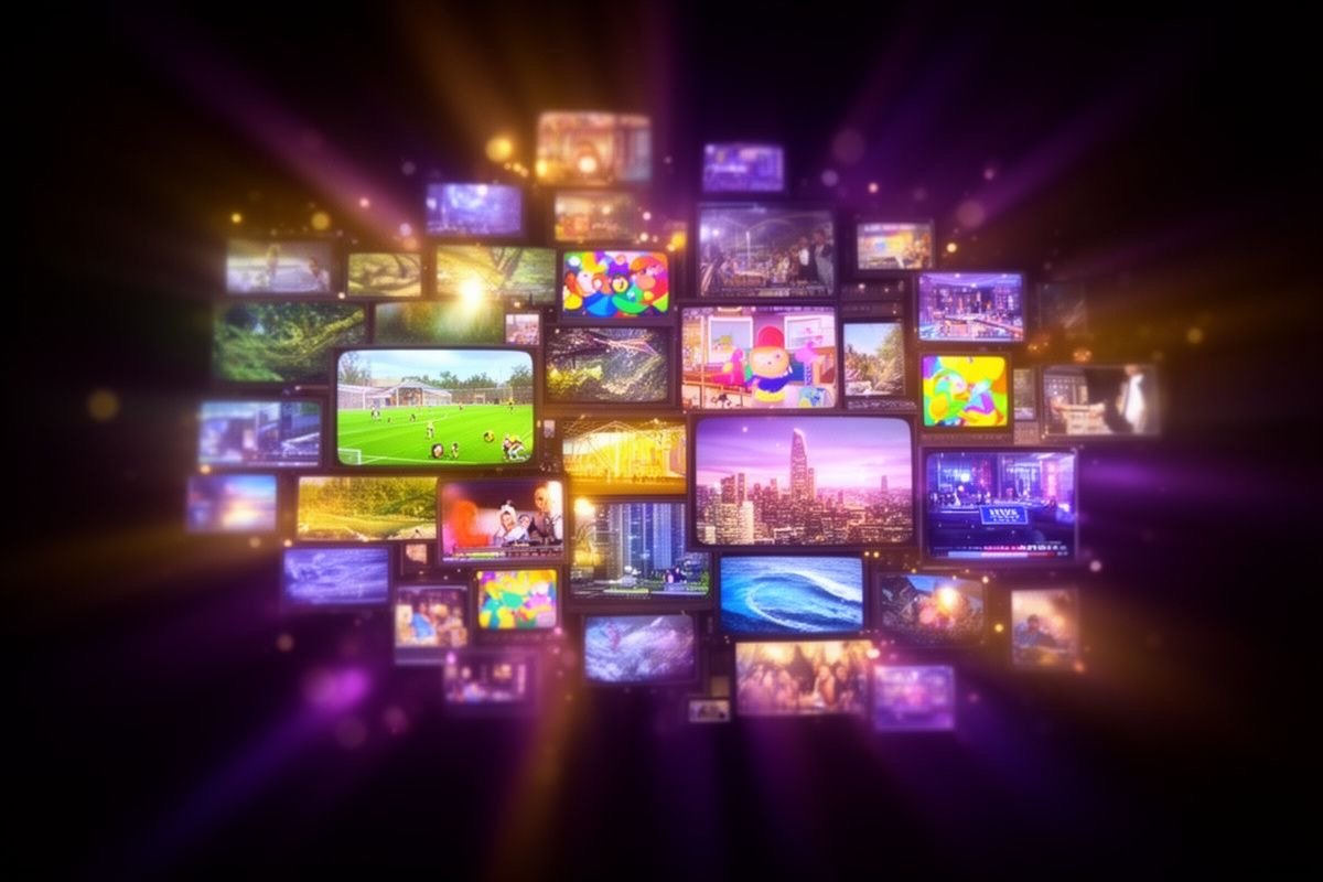 Wand met tv-schermen die het Pandora IPTV zenderaanbod tonen