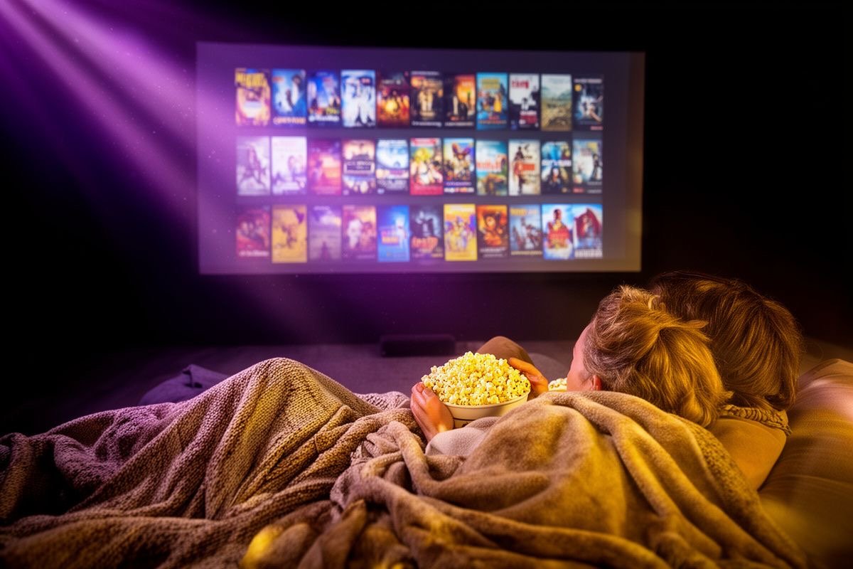 Filmavond met de Pandora IPTV VOD-bibliotheek op een groot scherm